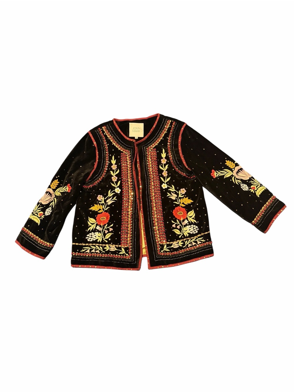 John Mark Satin Gold Lined Jacket with Black and Burgundy Trim, like new,Sz M